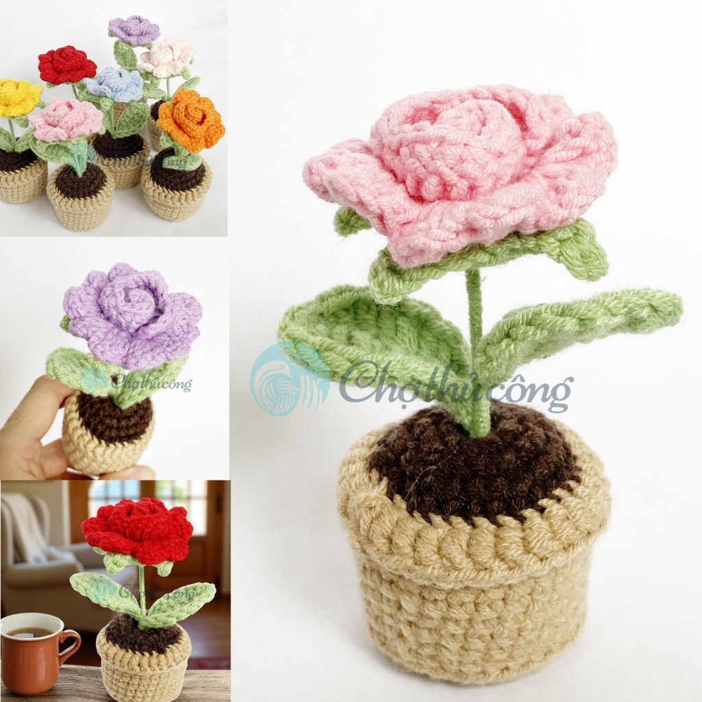 Chậu hoa hồng len, chậu hoa len mini để bàn, hoa len handmade 1 bông, chậu hoa bằng len, giỏ hoa len