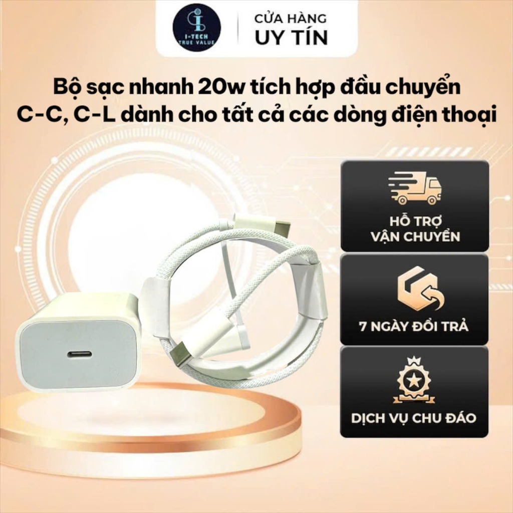 Bộ Sạc Nhanh 20W Type C Tích Hợp Đầu Chuyển Dành Cho 5 -14 Promax Type C- L, Cáp Dù 