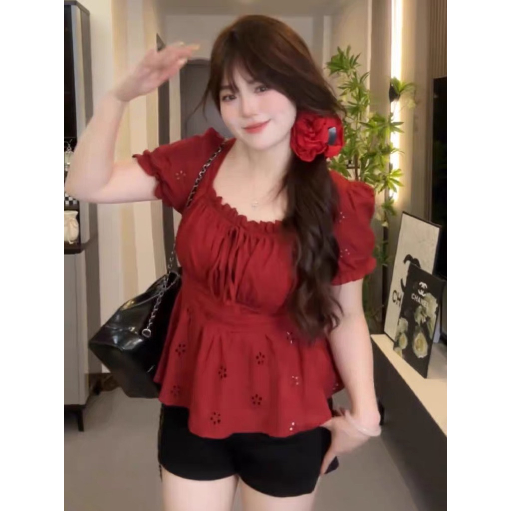 Áo kiểu nữ bing size cổ vuông kiểu Pháp cổ điển tay ngắn ren nữ mùa hè che mỡ thon gọn