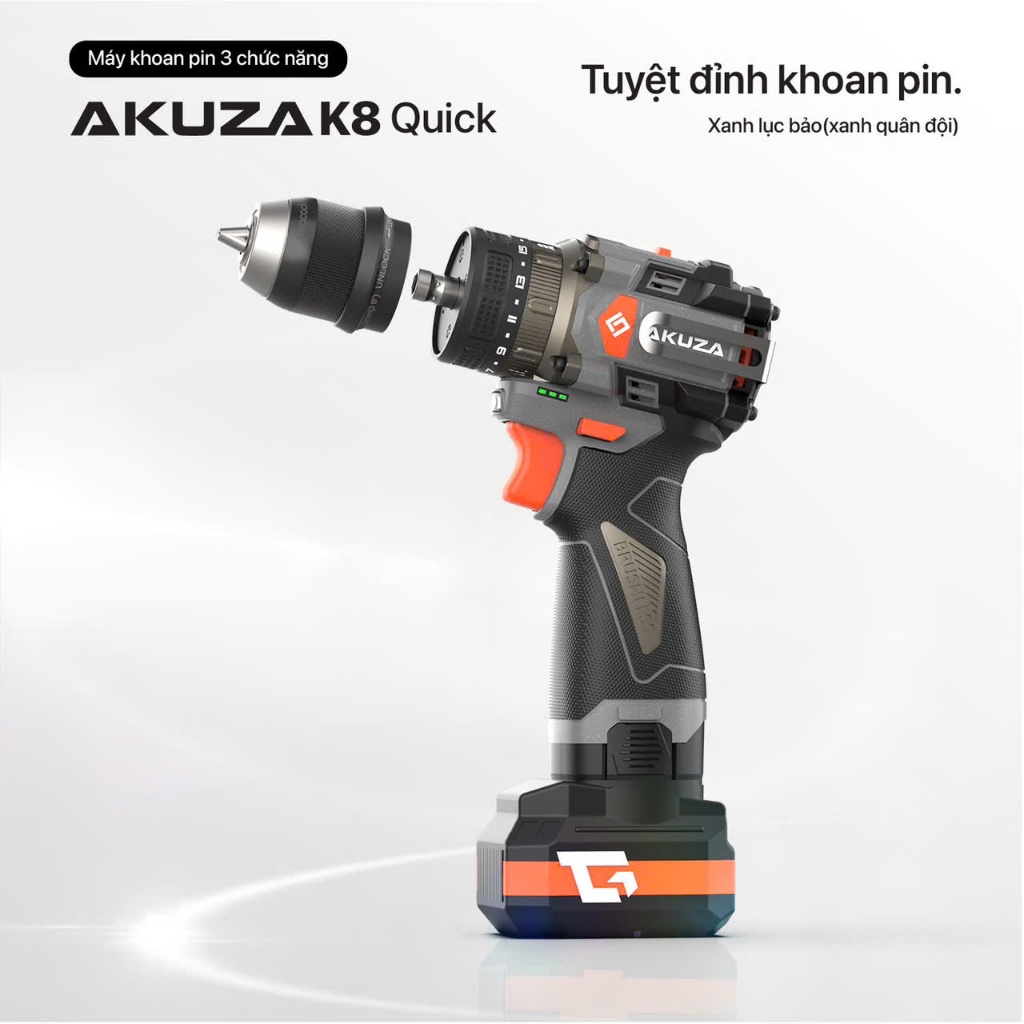 Khoan Pin AKUZA K8 QUICK Có Búa- Khoan pin 16,8V Không Chổi Than Đầu Kẹp 10mm,Tặng bộ mũi vít