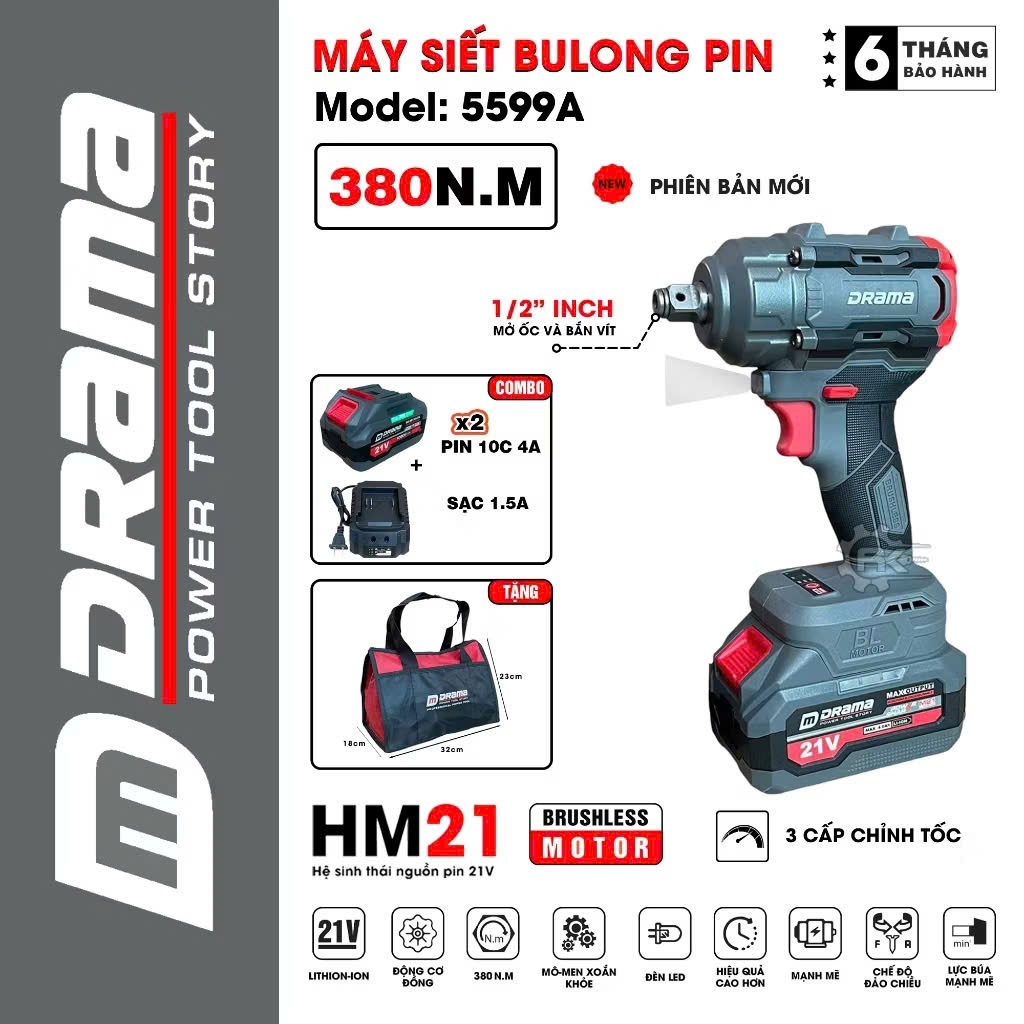 Máy siết bulong pin DRAMA 5599A, Động cơ KHÔNG CHỔI THAN, Lực siết 380Nm, 2 trong 1