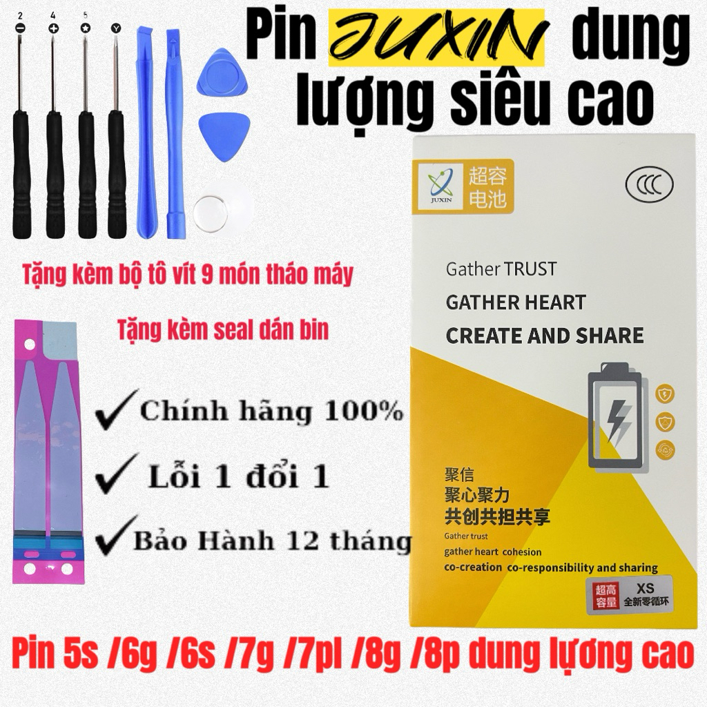 Pin juxin Dung Lượng Siêu Cao cho máy 4s/5s/5c/6/6s/6plus/6splus/7/7p/8/8p + Tặng kèm bộ vít mở máy 