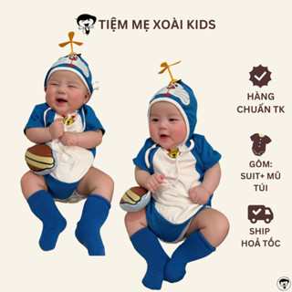 (HOẢ TỐC)Set bodysuit Mèo Doremon chong chóng kèm mũ, túi đeo chéo cho bé trai gái cover hàn