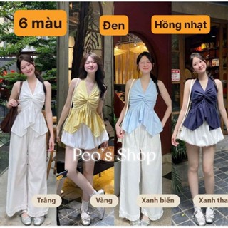  A01   New sẵn KÈM BUỘC TÓC HOẶC TAG ĐÁ   Áo cổ yếm XOẮN NGỰC chất gió nhăn hàn 2 lớp thắt nơ cổ chun sau   6 màu  