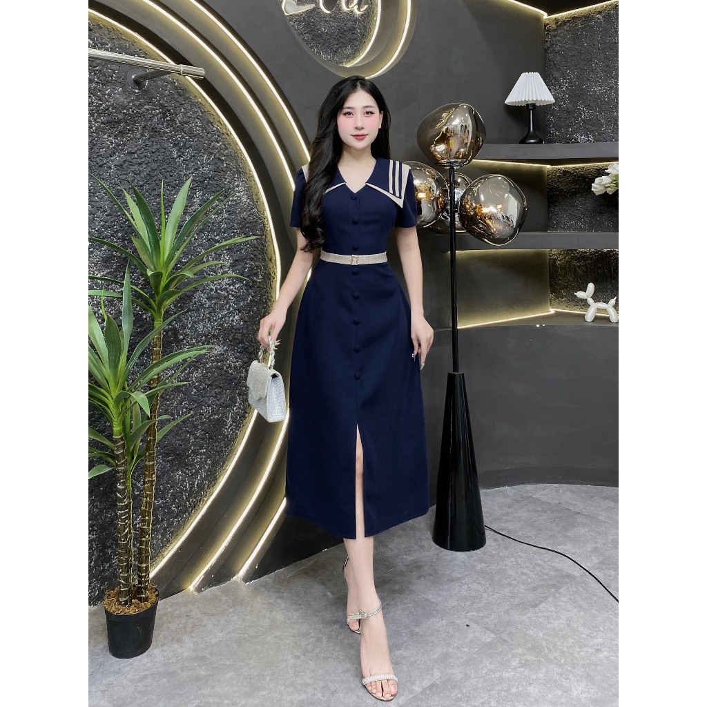 BF64 - Váy Thiết Kế Evii dành cho nữ, Đầm thiết kế cổ kép phối viền, đai may liền dáng A  dài.