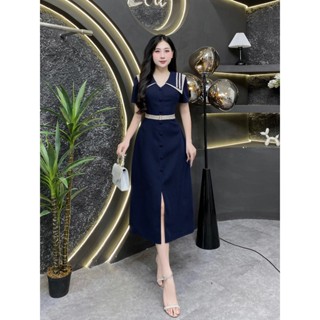 BF64 - Váy Thiết Kế Evii dành cho nữ, Đầm thiết kế cổ kép phối viền, đai may liền dáng A  dài.