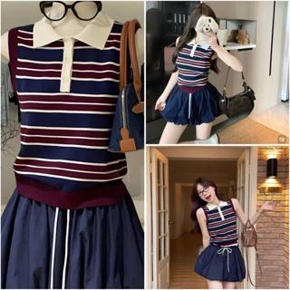 (Cả Set) Áo 3 Lỗ Polo Kẻ Sọc Mongtoghi Mix Chân Váy Dáng Bí, Phong Cách Tiểu Thư