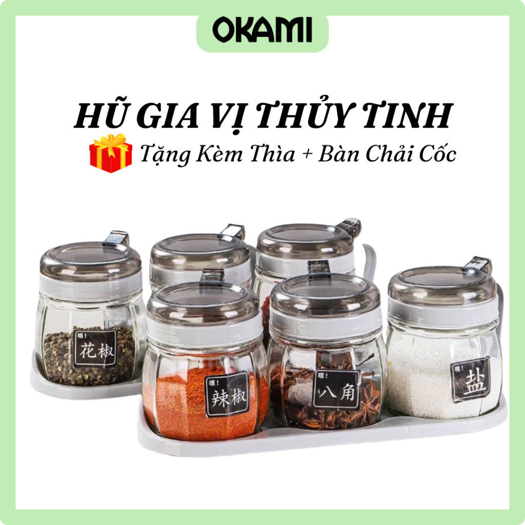 Lọ Đựng Gia Vị Chống Ẩm, Nắp Kín, Set Lọ Đựng Gia Vị Thủy Tinh Có Tay Cầm, Nắp Bật Thông Minh Dung Tích 350ml