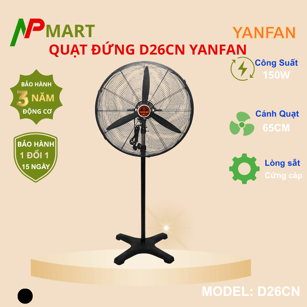 Quạt đứng công nghiệp Yanfan D26CN công suất 150W sải cánh 65W động cơ dây đồng 100%, quạt YanFan D2