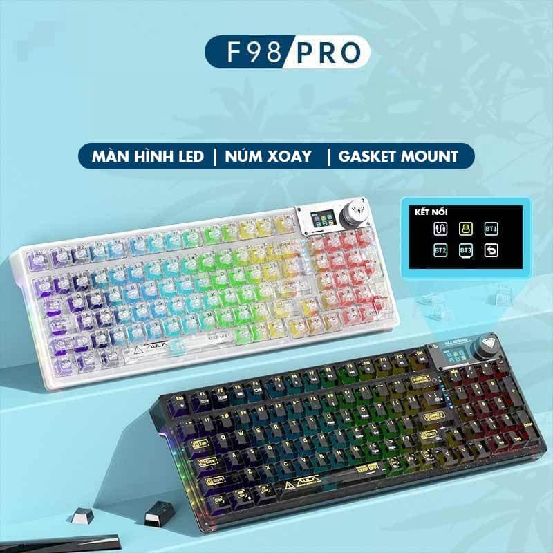 Bàn Phím Cơ Không Dây AULA F98 PRO, LED RGB, 3 Modes, Có Màn Hình Phụ, Núm Xoay, Hotswap 5 chân, Key