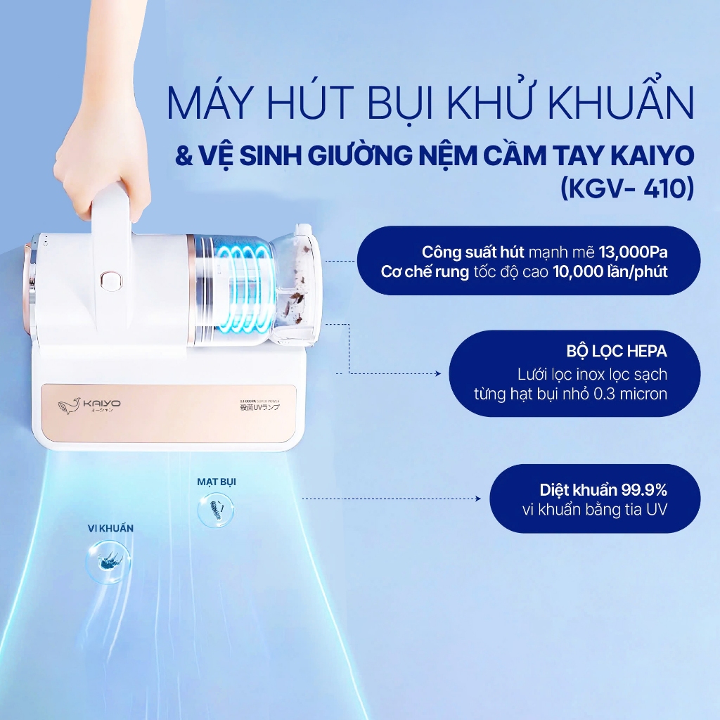 Máy hút bụi giường đệm sofa Kaiyo lực hút mạnh mẽ 13000Pa