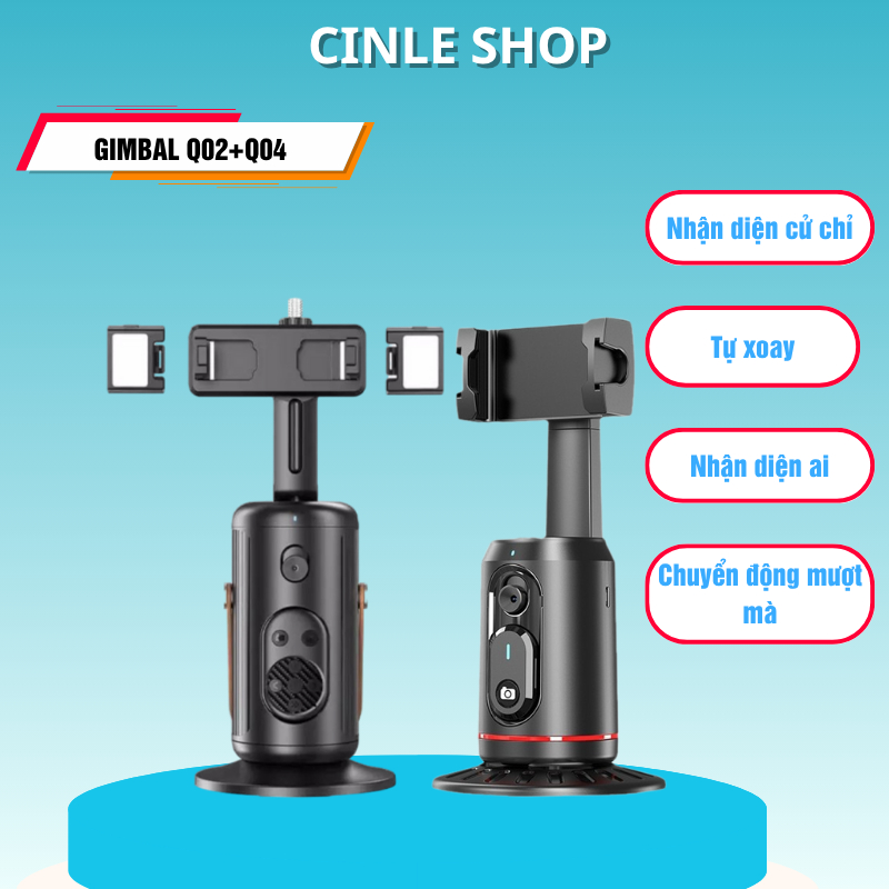 Gimbal Q02 + Q04 AI tự xoay 360° nhận diện khuôn mặt & cử chỉ, phù hợp phát trực tiếp quay video