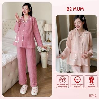 Bộ bầu mặc nhà và sau sinh chất đũi, mềm, mát, có thiết kế mở cúc cho bé ti, quần có chun chỉnh B742 B2MUM