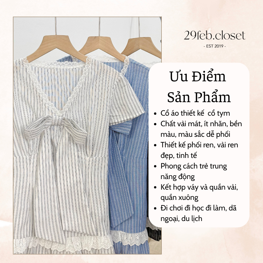 Áo sơ mi kẻ sọc cổ tim phối ren kèm nơ xinh xắn, Áo kiểu bèo gấu dễ thương thời trang hè - 29feb.closet - A560 | BigBuy360 - bigbuy360.vn