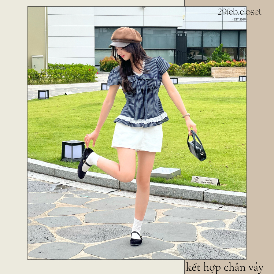 Áo sơ mi kẻ sọc cổ tim phối ren kèm nơ xinh xắn, Áo kiểu bèo gấu dễ thương thời trang hè - 29feb.closet - A560 | BigBuy360 - bigbuy360.vn