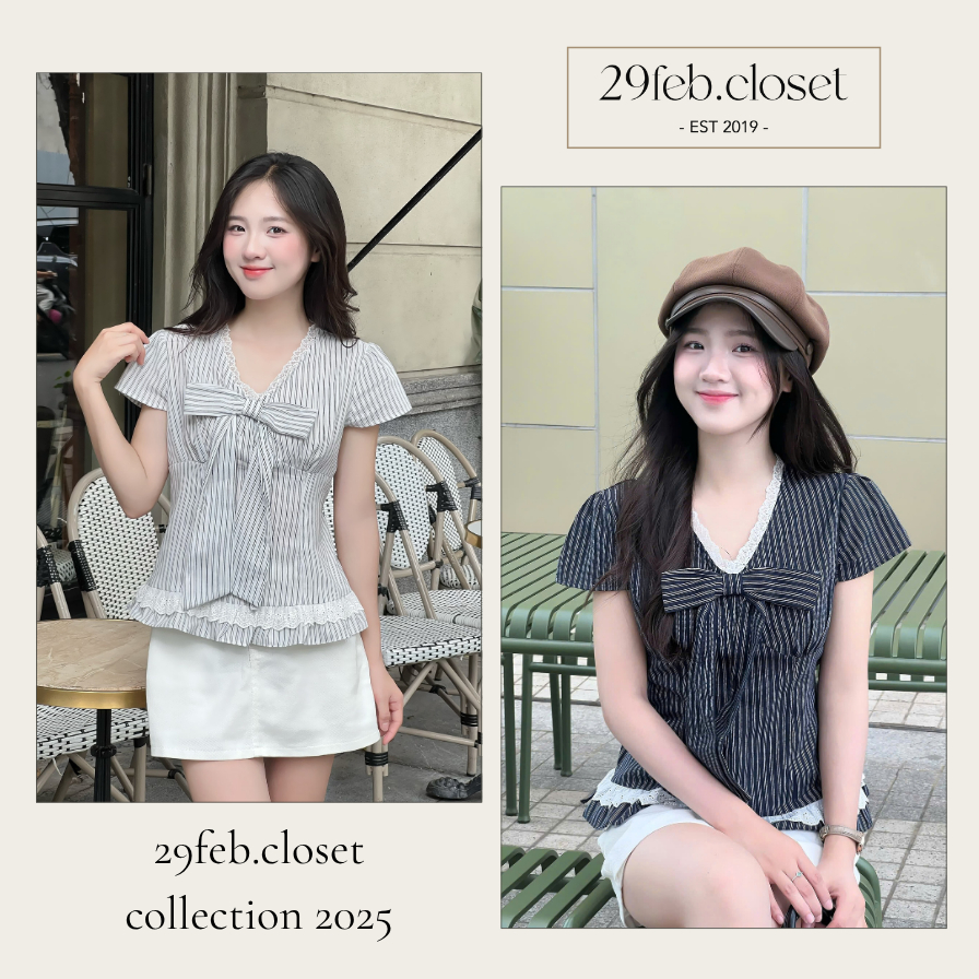 Áo sơ mi kẻ sọc cổ tim phối ren kèm nơ xinh xắn, Áo kiểu bèo gấu dễ thương thời trang hè - 29feb.closet - A560 | BigBuy360 - bigbuy360.vn