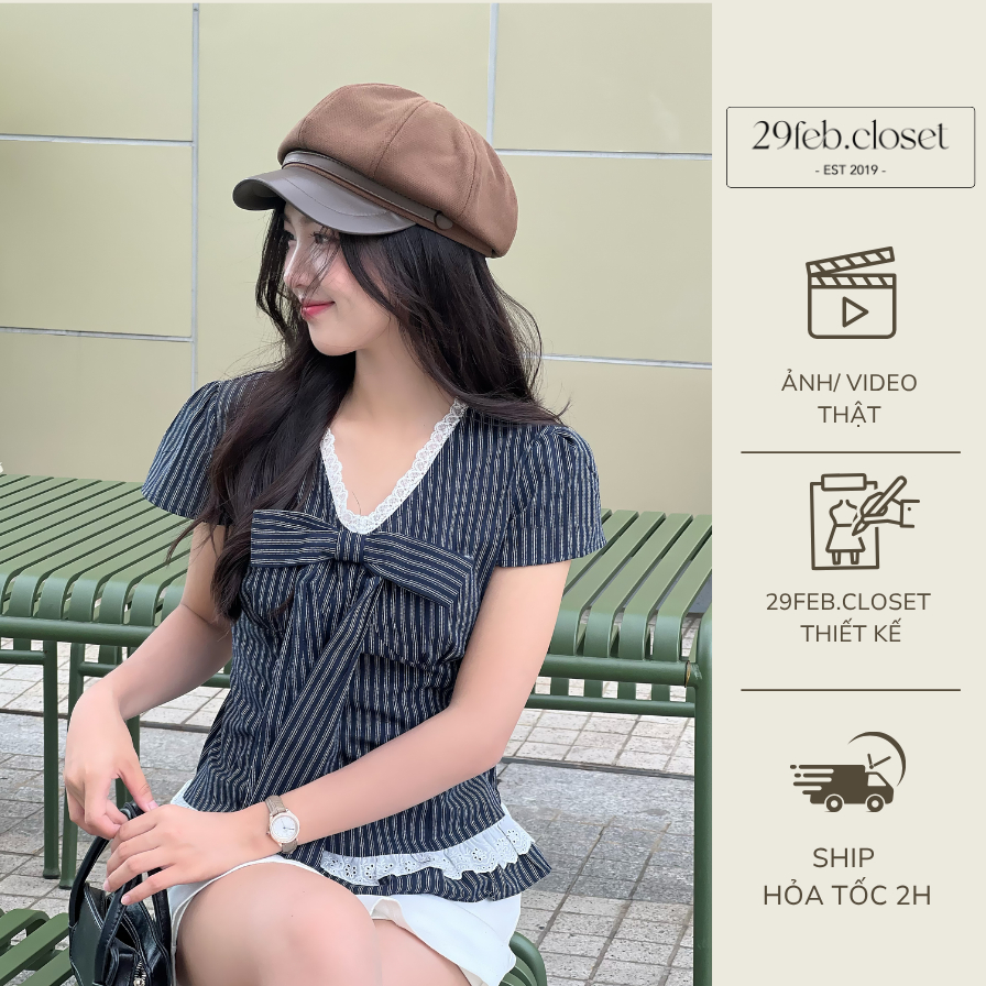 Áo sơ mi kẻ sọc cổ tim phối ren kèm nơ xinh xắn, Áo kiểu bèo gấu dễ thương thời trang hè - 29feb.closet - A560 | BigBuy360 - bigbuy360.vn