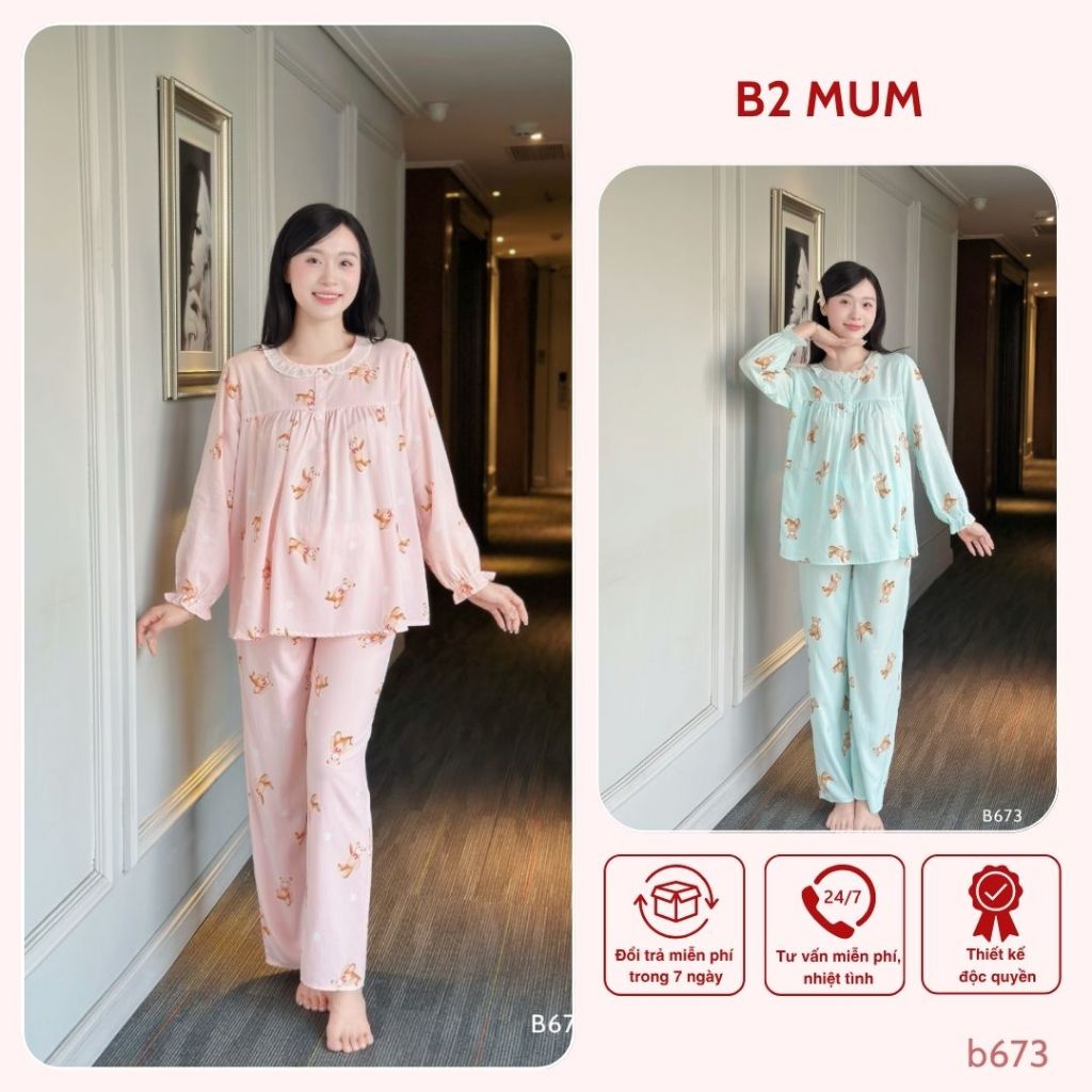 Bộ bầu dáng dài mặc nhà và sau sinh mùa hè chất liệu vải lanh mềm mát - B673 - B2 MUM