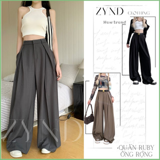  Quần tây ống rộng nữ lưng cạp cao ZynD quần âu vải ruby cao cấp ống suông xếp ly hack dáng-AT-M023 