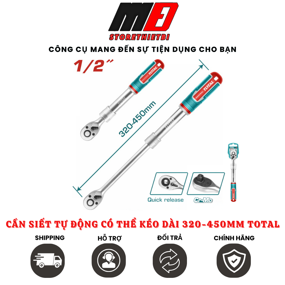 Cần Siết Lực Có Thể Kéo Dài 1/2 inch dài 320- 450mm TOTAL / THT106128L / Chất Liệu: Cr-V + CrMo