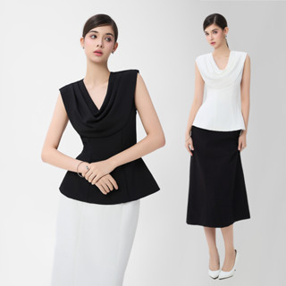 RECHIC Áo kiểu Irenni cổ bầu tay ngắn dáng peplum ôm body sang trọng