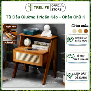 Tủ Đầu Giường 1 Ngăn Kéo Chân Chữ k, Gỗ Tre Tự Nhiên TreLife Màu Be/Nâu/Gỗ Decor Phòng Ngủ Siêu Xinh