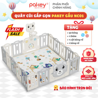 Quây Cũi Nhựa Gấp Gọn Pakey Gấu NC01 TẶNG KÈM BÓNG + THẢM + SET BÓNG RỔ + NÉM VÒNG Dày Dặn An Toàn Cho Bé