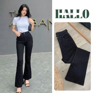 HALLO JEANS - Quần jean nữ ống loe đen dáng dài, quần bò cạp cao co giãn dễ phối đồ hack dáng M009