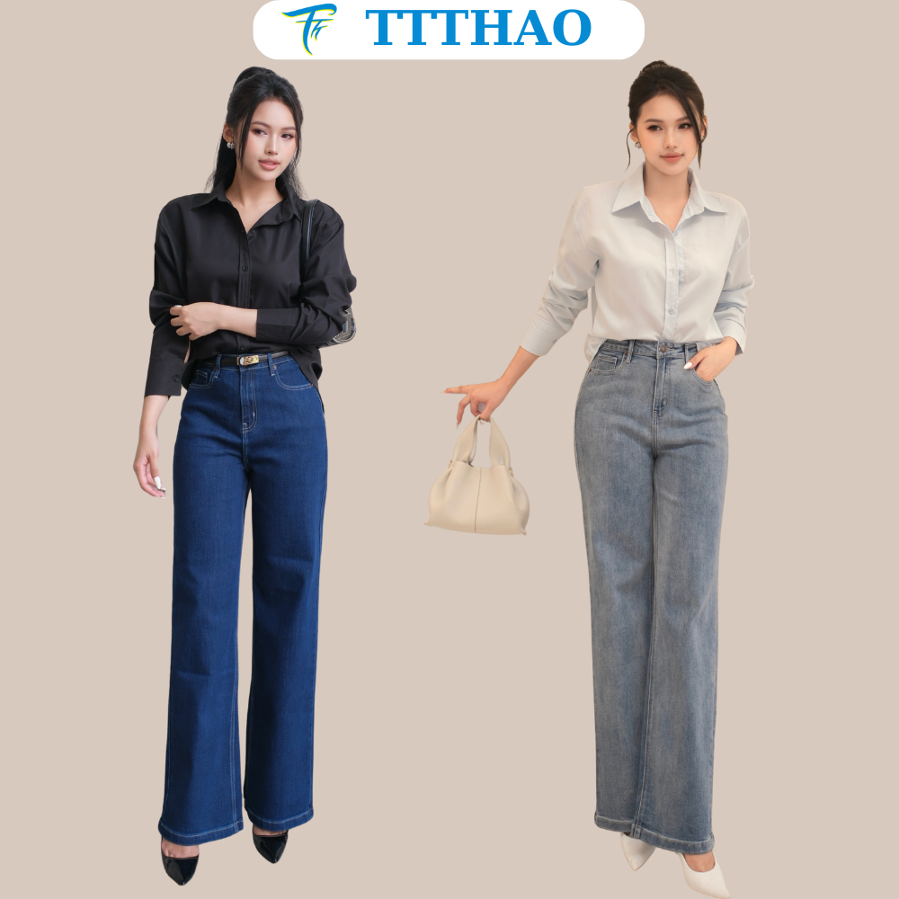 Quần jeans nữ ống suông TTTHAO cao cấp kiểu dáng quần jeans nữ ống rộng dài 103cm VNXK phong cách qu