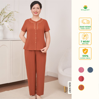 Bộ đồ trung niên mặc nhà cho bà cho mẹ chất Lanh Việt Thắng, quần dài ,áo cộc tay mở khuy - B28.5087