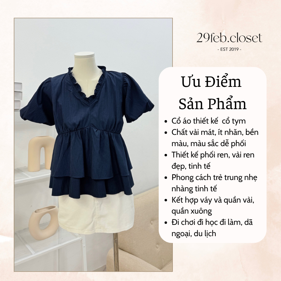 Áo kiểu nữ cổ tim hai tầng bèo nhún tay bồng, Áo babydoll cổ bèo gấu dễ thương thời trang hè -A562 - 29feb.closet | BigBuy360 - bigbuy360.vn