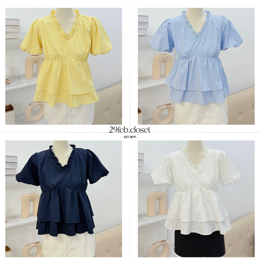 Áo kiểu nữ cổ tim hai tầng bèo nhún tay bồng, Áo babydoll cổ bèo gấu dễ thương thời trang hè -A562 - 29feb.closet | BigBuy360 - bigbuy360.vn