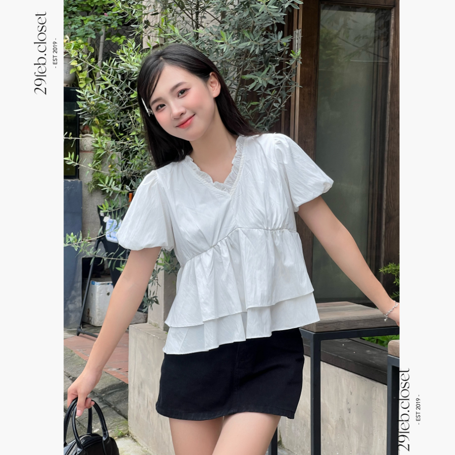 Áo kiểu nữ cổ tim hai tầng bèo nhún tay bồng, Áo babydoll cổ bèo gấu dễ thương thời trang hè -A562 - 29feb.closet | BigBuy360 - bigbuy360.vn