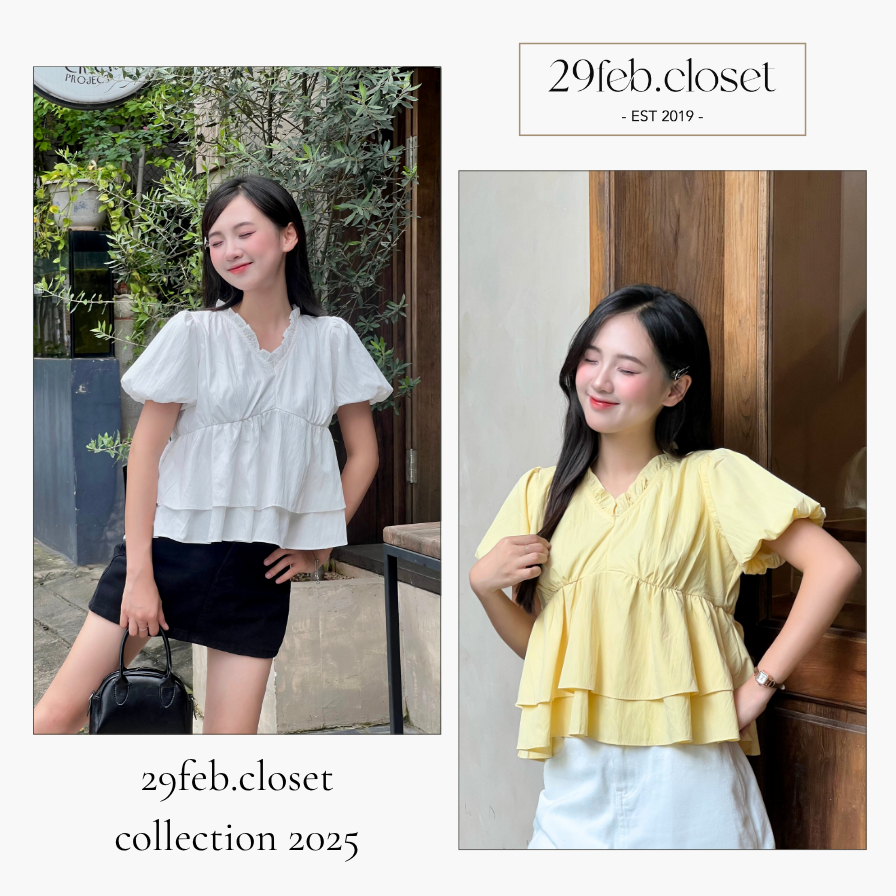 Áo kiểu nữ cổ tim hai tầng bèo nhún tay bồng, Áo babydoll cổ bèo gấu dễ thương thời trang hè -A562 - 29feb.closet | BigBuy360 - bigbuy360.vn