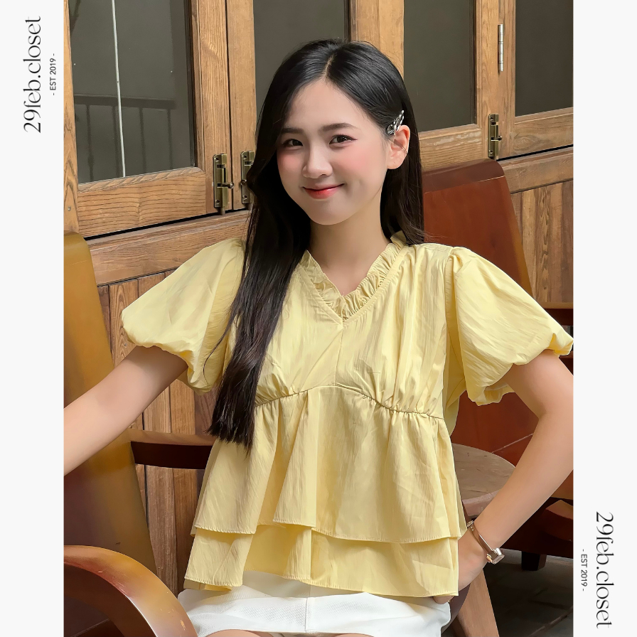 Áo kiểu nữ cổ tim hai tầng bèo nhún tay bồng, Áo babydoll cổ bèo gấu dễ thương thời trang hè -A562 - 29feb.closet | BigBuy360 - bigbuy360.vn
