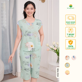 Bộ lanh nữ mặc nhà, đồ bộ tole Việt Thắng áo cộc tay cổ V quần lửng thoáng mát B06.5124