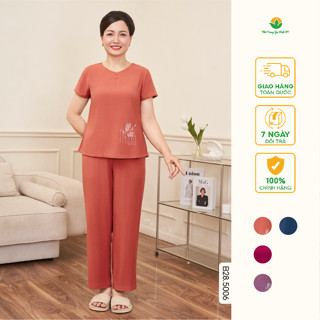 Bộ đồ mặc nhà lanh trung niên quần dài, áo cộc tay chéo thêu gấu - Thời trang Việt Thắng B28.5006