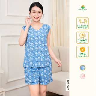 Bộ lanh hoa mặc nhà nữ quần đùi áo sát nách cổ V họa tiết thời trang Việt Thắng - B02.5017