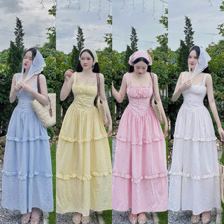 Đầm maxi 2 dây bèo ngực nút bọc xốp kèm khăn choàng siêu hot