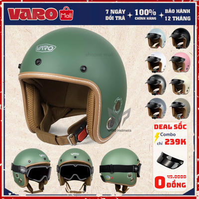 [Kèm Lưỡi Trai] Mũ bảo hiểm 3/4 VARO Classic viền chỉ thông gió freesize vòng đầu 54-59cm chính hãng