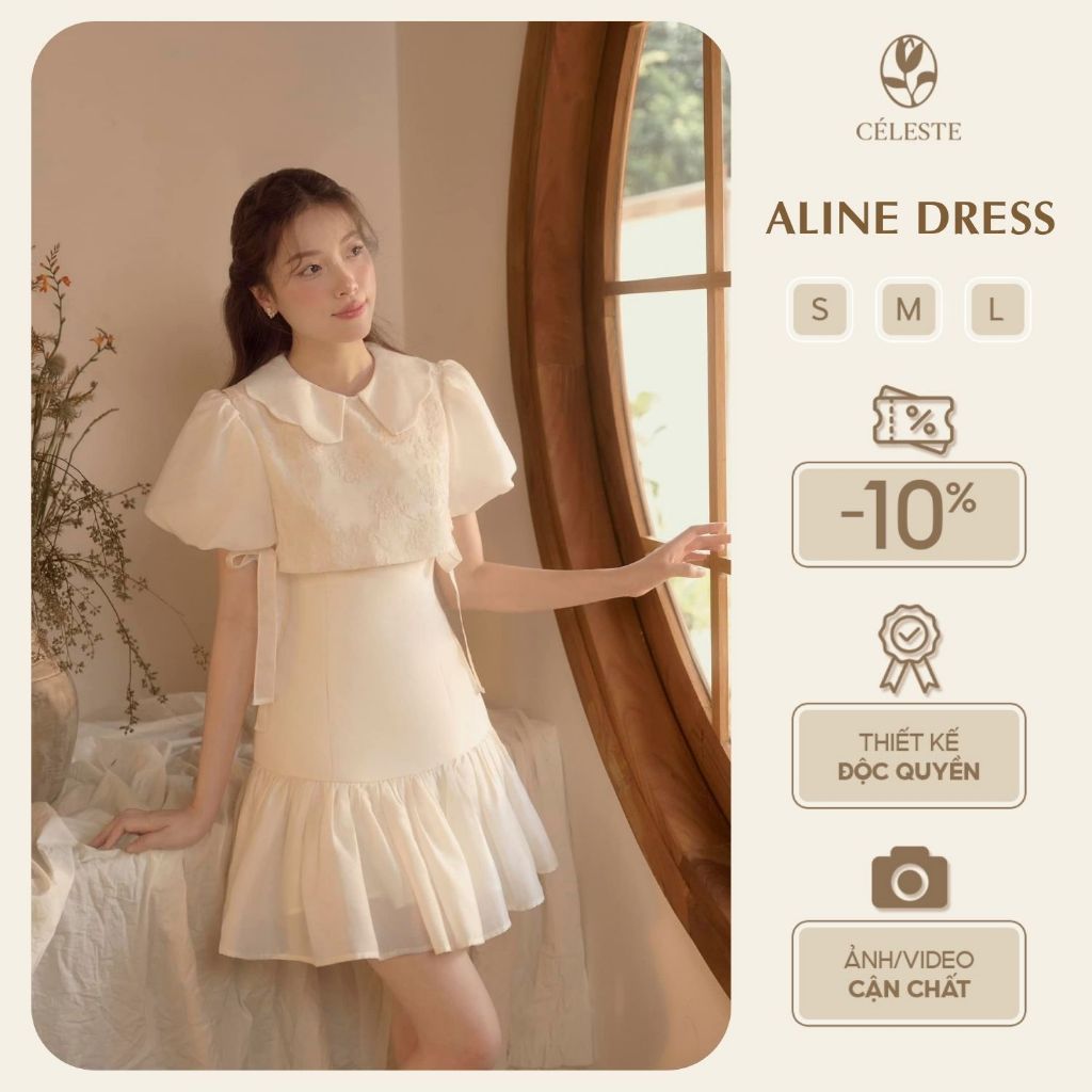CÉLESTE - Váy Đầm Tiểu Thư Dáng Ngắn Xoè Chất Tơ Mềm Cổ Bèo Tay Bồng Cách Điệu Aline Dress