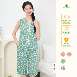 Đồ bộ lanh tole sát nách nữ mặc nhà thời trang Việt Thắng quần lửng áo mở khuy họa tiết - B05.5077