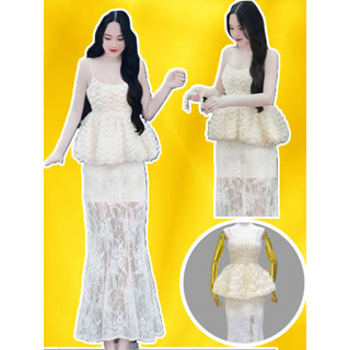 Set váy tiểu thư áo 2 dây lưới lượn sóng & chân váy ren đuôi cá bigsize váy peplum tùng bí dự tiệc cưới đi biển LOTUS