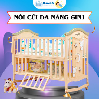 Cũi cho bé, Nôi cũi gỗ đa năng cỡ lớn 6in1 Honalife ghép cạnh giường ba mẹ tiện lớ, kt 120*65*102 cm