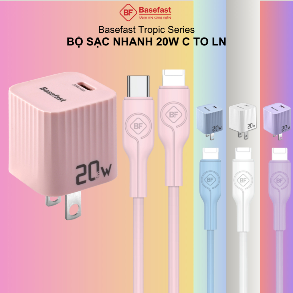 Bộ sạc nhanh 20W Basefast Củ sạc PD20W kèm dây sạc silicon siêu bền cho xr xs max 11 12 13 14promax