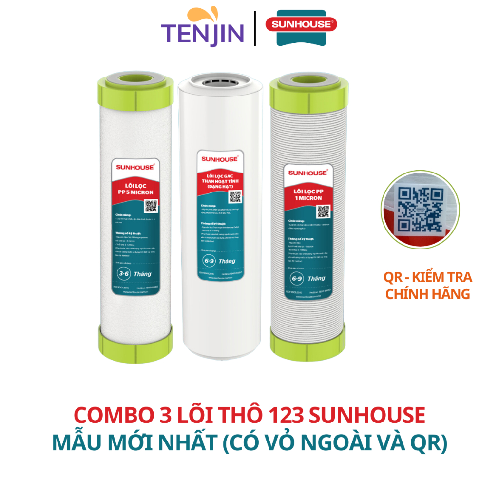 Combo 3 Lõi Lọc Nước 123 SUNHOUSE, Lõi Lọc Thô Chính Hãng Mẫu Mới Nhất Dành Cho Máy Lọc Nước RO Sử Dụng Cốc Lọc 10Inch