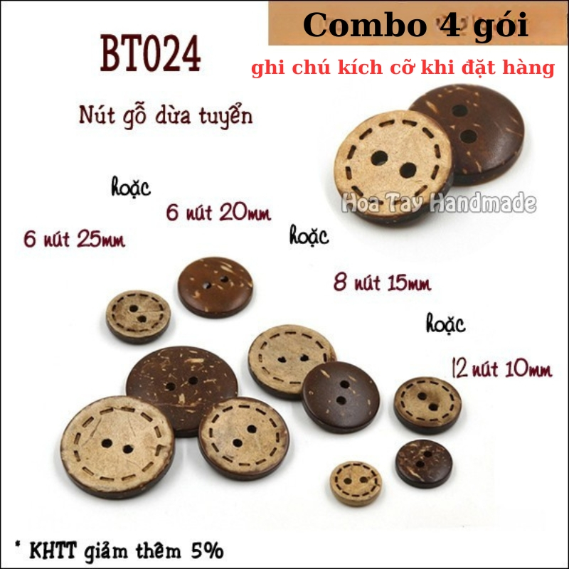 4 gói NÚT GỖ DỪA TUYỂN BT024 ghi chú cỡ khi đặt hàng