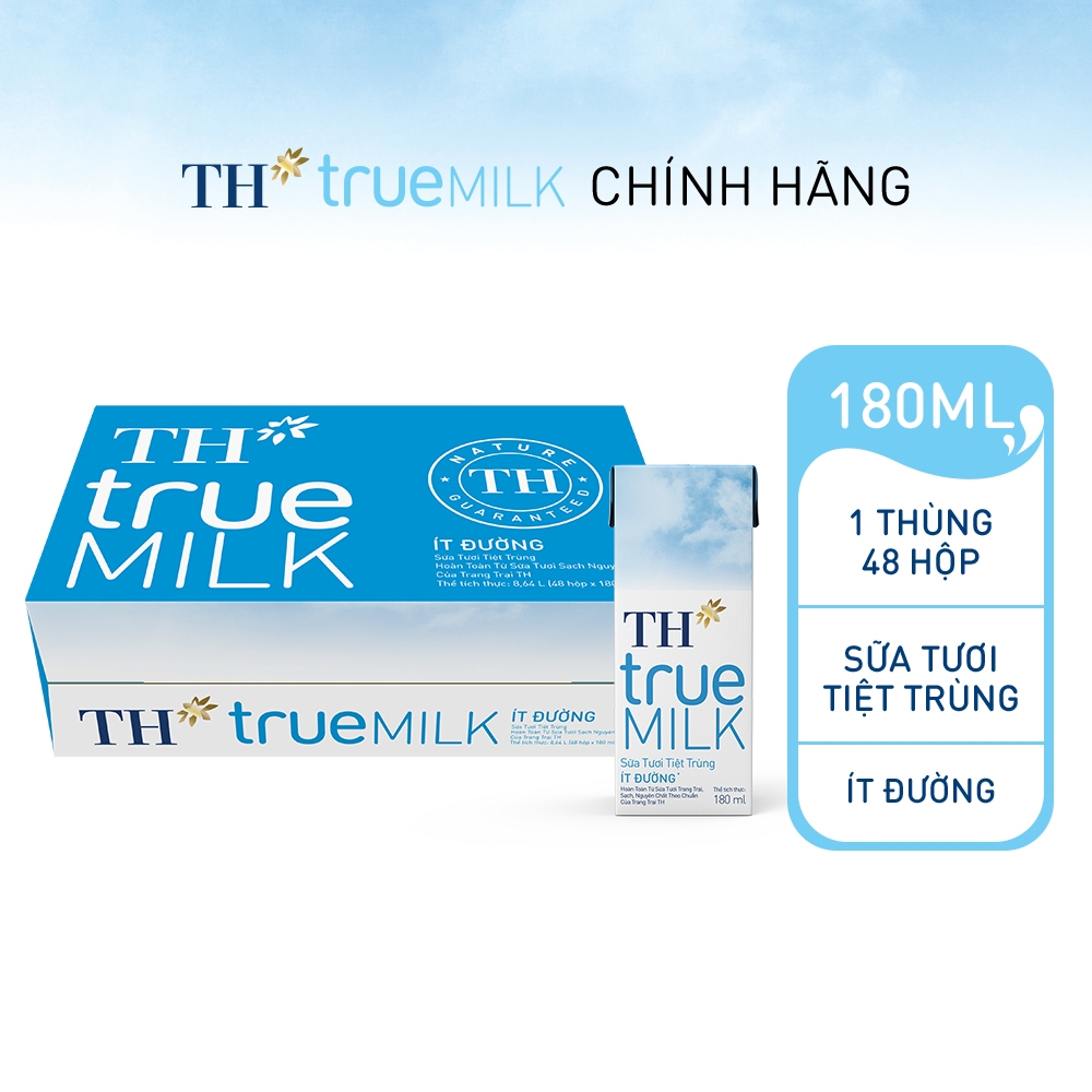 [LIVE STREAM] Thùng 48 hộp sữa tươi tiệt trùng TH true MILK ít đường 180 ml (180 ml x 48)