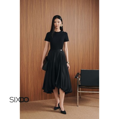 Chân váy xòe taffeta logo SIXDO (Black Taffeta Flared Skirt)