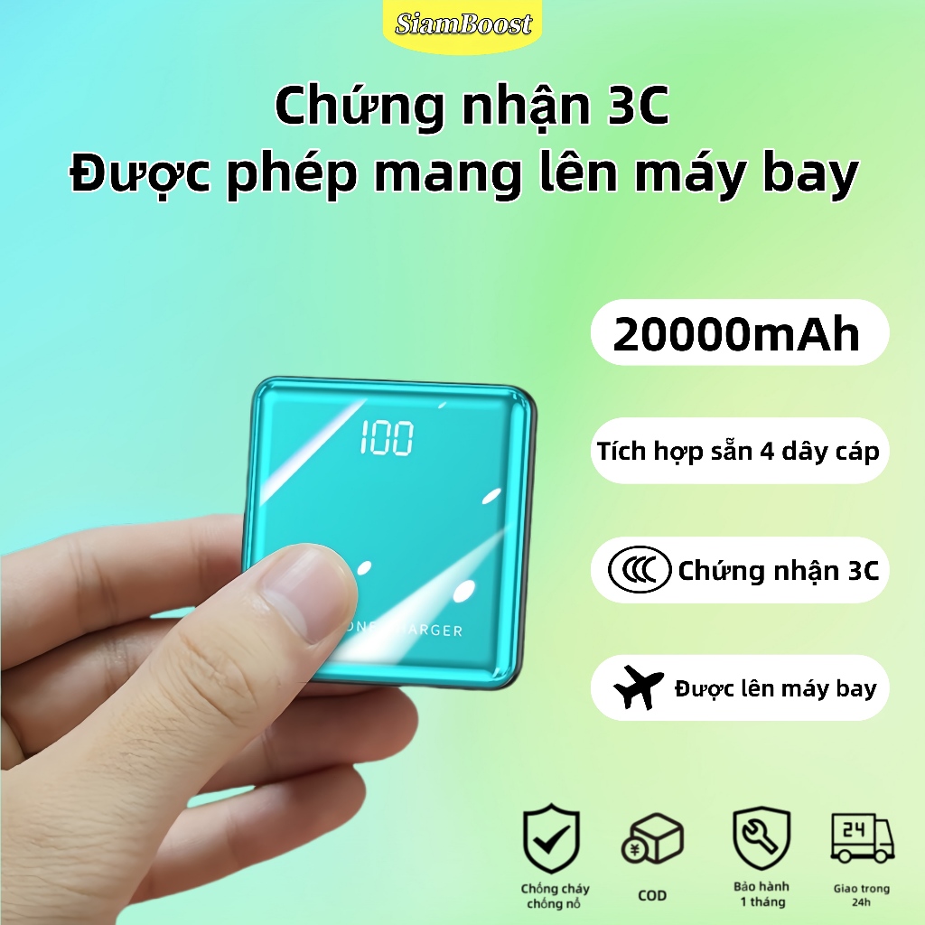 【CCC】Sạc dự phòng 3C SiamBoost 20000mAh, tích hợp 4 dây sạc nhanh, Mini dễ mang theo